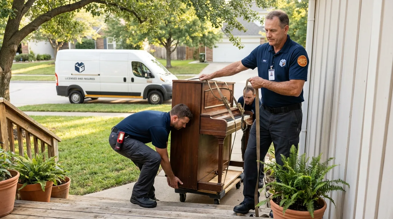 Licensed piano movers securing grand piano in Green Bay, WI